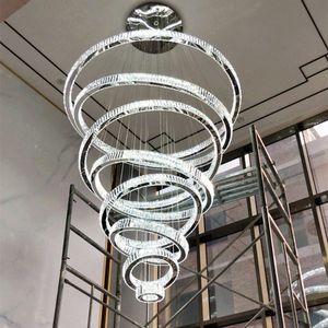 Luxe Grote 1/2/3/4/5/6/7/8 ringen Led Ronde Kristallen Kroonluchter licht Spiraal Hanglamp Moderne Armaturen Trap Dimmen