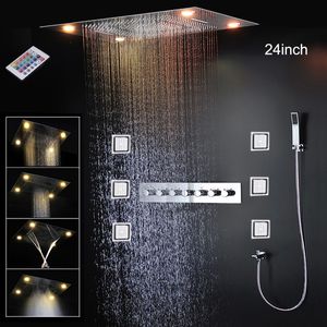 Grand système de douche thermostatique de luxe, ensemble de pomme de douche brumeuse, cascade de pluie, Massage, robinets LED de salle de bains 24 pouces