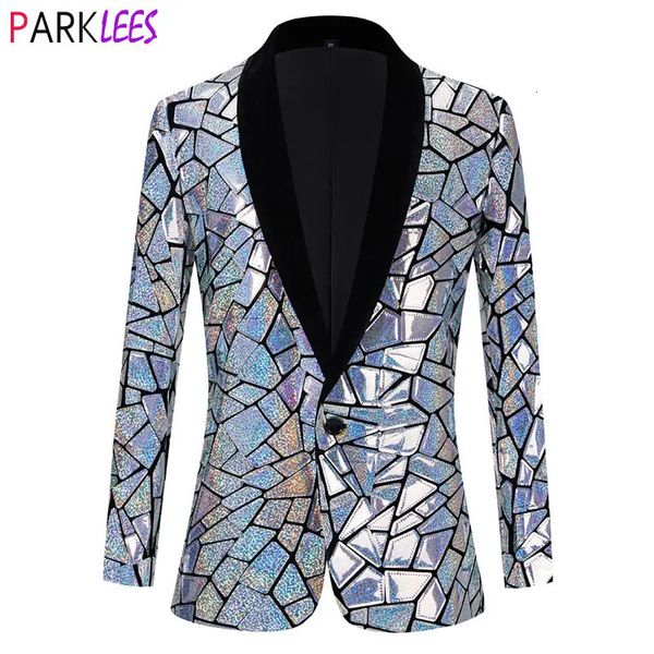 Luxe Laser Sequin smoking Blazer veste hommes un bouton châle revers robe Costume Blazer mâle fête scène bal chanteur Costume Homme 240117