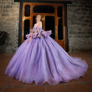 Luxe Lavande Brillant Quinceanera Robe Robe De Bal Sweet 16 Fille Perles Appliques Paillettes Puffy Manches Graduation Party Princesse