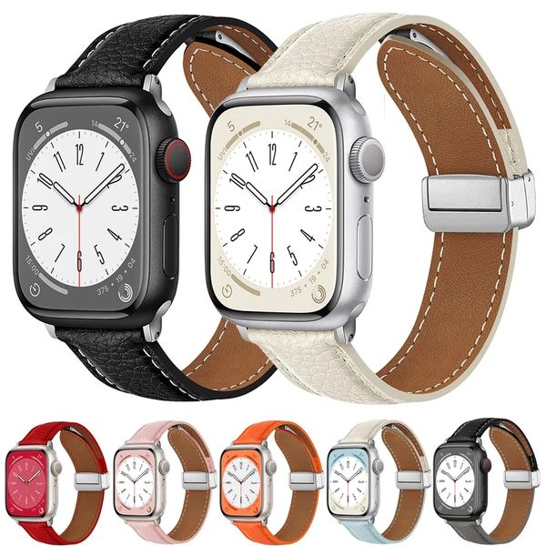 Bracelet à boucle magnétique en cuir de luxe pour Apple Watch 9 8 45 mm 41 mm Ultra 2 49 mm Bracelet en cuir véritable iWatch Series 7 6 5 38 mm 41 mm 40 mm pour femme