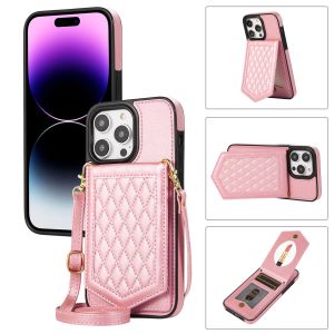 Cartera de cuero de lujo Tarjetas de espejo Funda Solt para iPhone 15 14 Pro Max 13 Mini 12 11 XR XS 8 7 Plus Soporte de tarjeta de bloqueo RFID Contraportada con cordón cruzado