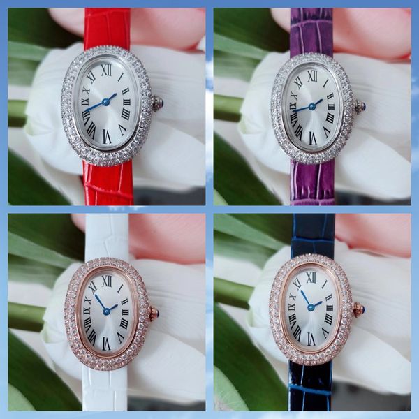 Montre de luxe en cuir pour femmes, bracelet en diamant, 26mm, nouveau style de baignoire de styliste, pointeur en acier bleu, boîtier en chiffres romains avec diamant, mode classique, montre Bagnole