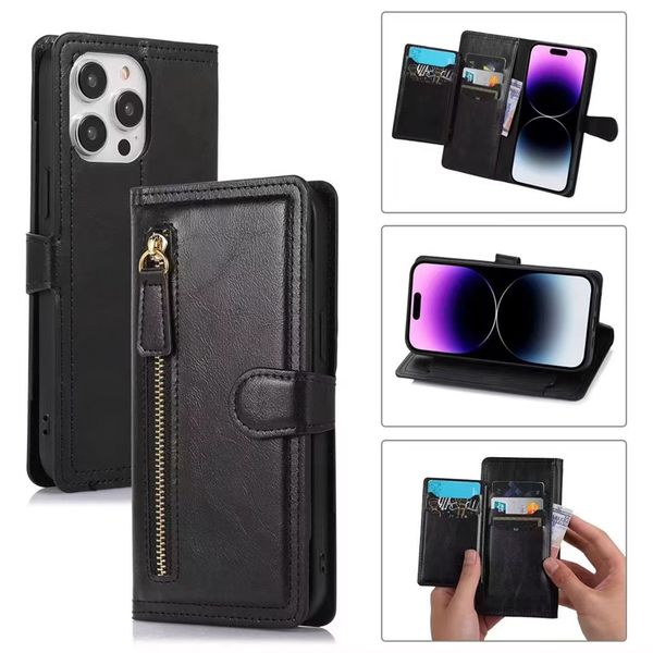 Funda de cuero de lujo con cremallera y billetera para iPhone 14 13 12 11Pro Max XS XR 8 7 6S Plus Funda con soporte para tarjeta