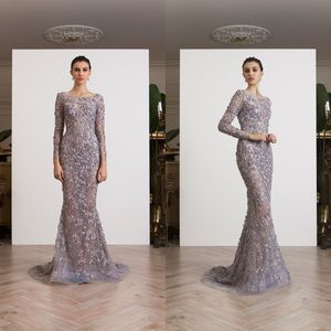 Vestidos de noche de lujo en el Líbano Apliques florales en 3D Cuentas de manga larga Cuello de joya Vestido de fiesta de encaje Fiesta por encargo Vestidos de compromiso de sirena