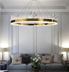 Lustres LED de luxe moderne anneau rond cristal pendentif en or lampes suspendues chambre salle à manger salon luminaires