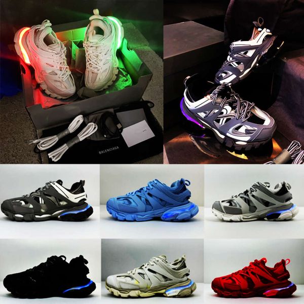LED de lujo Track 3.0 Zapatillas de deporte Diseñador Hombres Zapatillas de deporte Zapatos de plataforma Gomma Zapato casual de cuero Todos los negros Nylon blanco 36-45 NO472
