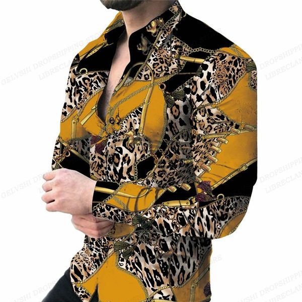 Luxury Luxury Leopard Print Shirt Mens Fashion Shirt à manches longues Hawaiian Chain Chain Beach Shirt Mens Clothing Mens Camisa Vocation 240429