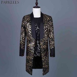 Luxe Leopard Sequin Long Blazer Jacket Sjaal Kraag Slim Fit Punk Stijl Blazers Mannen Club Party Prom Stage Rock Costume Homme 210522