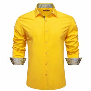Chemises de luxe à manches Lg pour hommes, en soie, jaune, or, solide, Paisley, Slim Fit, chemisiers masculins, printemps-automne, hauts décontractés, Barry Wang J1T3 #