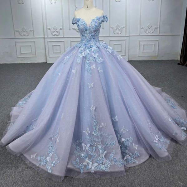 Luxe Bleu Clair Scintillant Quinceanera Robe Hors Épaule Cristal Floral Applique Arc Robes De 15 Anos Robe D'anniversaire Formelle