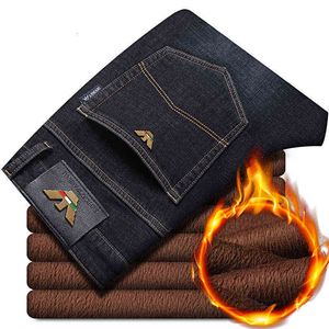 Luxe léger européen hiver peluche épais jean hommes Busin lâche droite élastique décontracté chaud pantalon