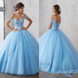 Robes de Quinceanera robe de bal bleu ciel clair de luxe pour Sweet 16 filles avec mancherons spaghetti perles cristal perlé princesse 259t