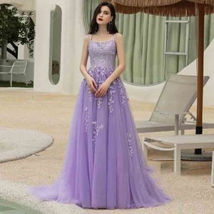 Luxe Lilac Lace Evening Jurk 2022 Sexy spaghetti riemen korset lange prom -jurken met kralen vloerlengte tule formeel afstuderen feest vrouwen Vestidos de noche