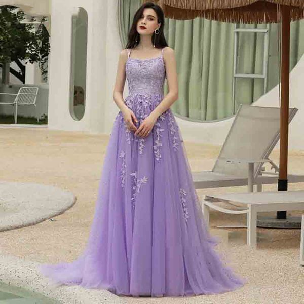 Vestido de noche de encaje lila de lujo 2022 Vestidos de fiesta largos con corsé con tirantes finos sexys con cuentas hasta el suelo de tul Fiesta de graduación formal Vestidos de noche