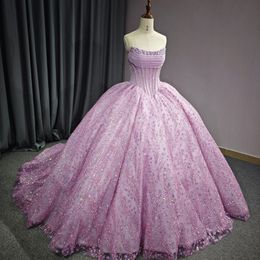 Luxury Lilac Off the Shoulder Quinceanera Dress Sequin Beads Pearls Prom Cumpleaños Vestido de pelota 16 Vestidos de trenes de barrido de 15 Anos