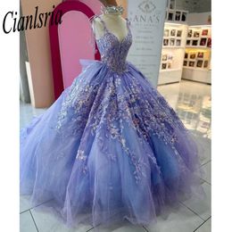 Vestido De lujo Lila para quinceañeras, vestido De fiesta De princesa con flores florales 3D, 15 Vestidos De XV Anos, vestido De fiesta con lazo grande 2024