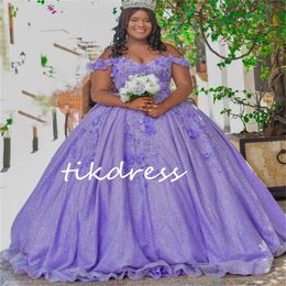 Luxe Lila Quinceanera -jurken Charro 2024 Elegant Off Schouders 3D Florals Plus Size Vestios de 15 XV Anos Glitter Zestien verjaardagsjurk kralen Vestidos de Baile