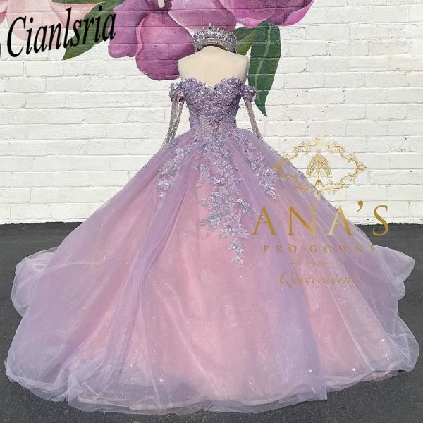Luxury lilas quinceanera robes en dentelle Bouche de bal robe princesse douce 16 ans pour 15 ans vestidos de anos