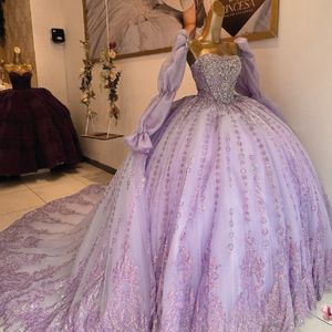 Luxe Lilas Brillant Princesse Robe De Bal Robes De Quinceanera Appliques Dentelle Perles Tulle Strass Robes De 15 Anos