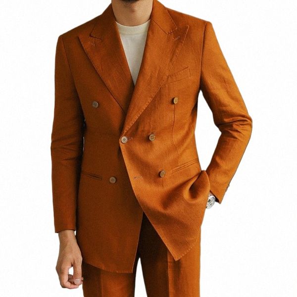 Costume italien à double boutonnage en lin de luxe pour hommes, polyvalent, coupe cintrée, col à revers, costume rétro, vert, marron, 4 couleurs, C1gp #