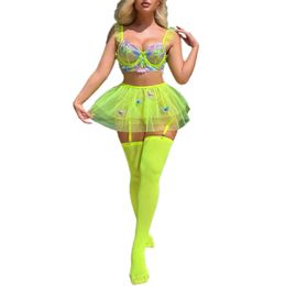 Luxe lingerie sexy bloemenborduurset vrouw beugelbeha strings exotische intieme neon groene ondergoed met sokken en schort 240117