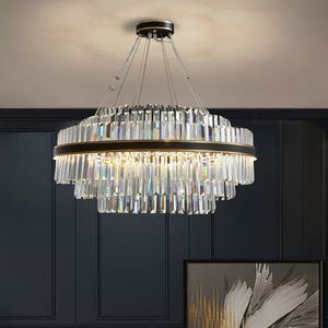 Salon de luxe plafond pendentif lumières moderne rond cristal pendentif noir lustre décor à la maison brillant LED luminaires