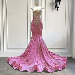 Luxe longues robes de bal 2022 sexy sirène scintillant rose paillettes filles noires cristaux soirée formelle gala robes de soirée robe de soirée307q