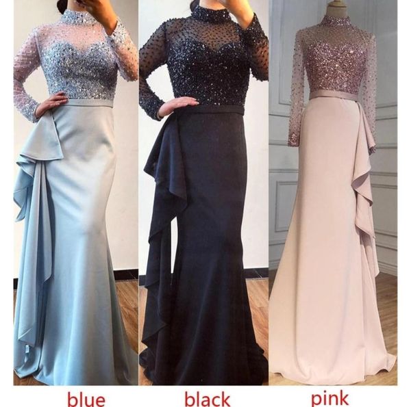 Luxe à manches longues perles paillettes robes de soirée sirène arabe Dubaï femme robe de bal robes de soirée grande taille Abendkleider robe 6762556