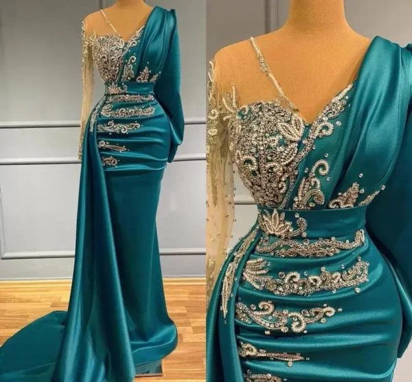Luxe à manches longues robes de soirée de bal occasion formelle porter des appliques d'or perles chasseur col transparent arabe Robe de soirée BC10417
