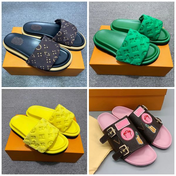 Lujo Lou Marca Sandalias de diseñador de verano Zapatillas Diapositivas Brocado floral Chanclas de cuero Mujeres hombres Zapatos Sandalia Sin esfuerzo Luis Vui Zapatos planos casuales