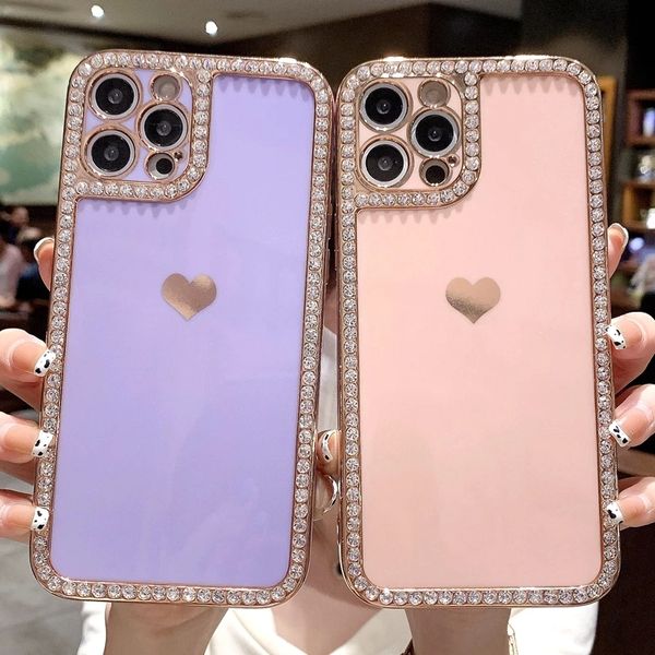 Funda de teléfono de lujo con diamantes de imitación y corazón de amor para iPhone 12 11 13 14 Pro Max X XR XS Max 7 8 Plus SE, funda trasera con parachoques