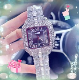 Luxury minnaars grote kwarts kijkt naar mannen glanzende sterrenheme diamanten ring ring roestvrijstalen riem president mode goudarmband vierkant Romeinse tank wijzerplaat horloge geschenken