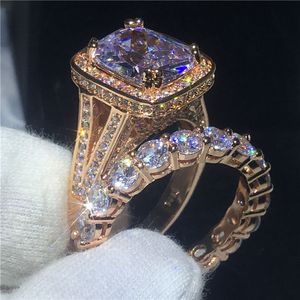 Luxe Liefhebbers Ring Set 8CT Clear Diamond CZ Rose Gold Filled 925 Silver Wedding Band Ringen voor Dames Mannen Party Sieraden