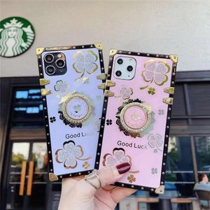 Luxe Lucky Flowers Ring Phone Cases voor iPhone 13 Mini 12 PRO MAX 6 7 8 Plus XR XSMAX 11PROMAX Square Diamond Houder Stand Soft Cover