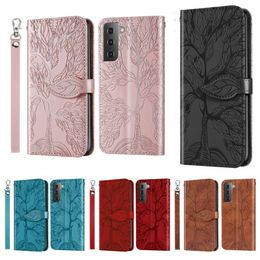 Luxe Lucky Tree Leather Wallet Cases voor Samsung S23 Ultra Plus Galaxy A14 A24 A34 A54 5G Google Pixel 7 Pro Id Card Slot Holder Flip Cover Imprint Print Pouch Strap