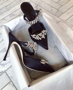 Chaussures de sandales Lurum Strass Lurum pour femmes hautes talons feuilles en satin orné de cristal Mules lanières sandalias pantoufles sexy