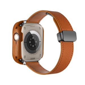 Bracelet en cuir véritable à boucle pliante magnétique de luxe avec boîtier de montre pour Apple Watch Ultra 2 1 49 mm 45 mm 44 mm 41 mm 40 mm 42 mm Bracelet de montre iwatch Series 9 8 7 6 SE 5