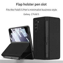 Étui de téléphone Vogue en cuir à motif magnétique de luxe Folio Litchi pour Samsung Galaxy Z Pliant Fold5 5G Protection complète en fibre de carbone Béquille Pliable avec fente pour stylo