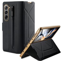 Étui de téléphone Vogue de placage magnétique de luxe pour Samsung Galaxy Folding Z Fold5 Fold4 Fold3 5G Fente pour stylo Impression géométrique Membrane en cuir Béquille Fold Shell