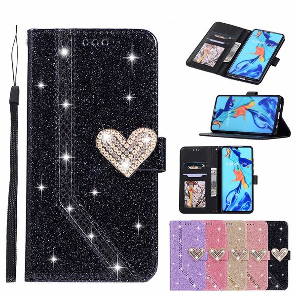 Etui portefeuille en cuir magnétique Heart Bling Glitter Flip pour Huawei P20 P30 MATE20 MATE30 PRO P20 P30 MATE20 MATE30 LITE P8 P9 P10 LITE