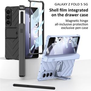 Étui de téléphone de luxe à charnière magnétique Armor Vogue pour Samsung Galaxy Z pliable Fold5 5G support invisible béquille coque pliable à membrane avec porte-stylo coulissant