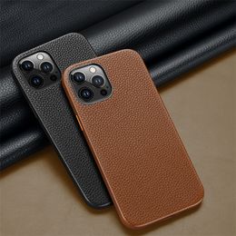 Luxuriöse magnetische Vogue-Handyhülle mit Lychee-Maserung für iPhone 14 13 12 Pro Max, langlebig, schlank, vollständig schützend, weich, einfarbig, Rückseite aus echtem Leder, stoßfest