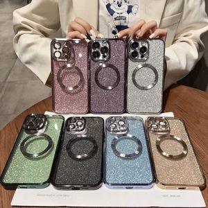 Cajas de teléfono magnéticas de lujo para iPhone 15 14 Pro Max Plus 13 12 11 Papel Bling Glitter Metallic Sparkly Sparkle Plating Soft TPU Fine Hole Cámara Protectores de lentes Cubierta