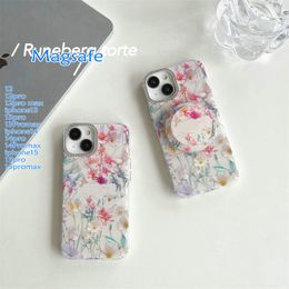 Luxury Magnetic Transparent Flowers Telephip para iPhone 15/14/13/12/11 Pro Max Slim Clear acrílico Silicona Case