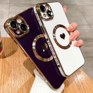 Luxe Magsafe Magnetische Plating Liefde Hart Telefoon Case Voor iPhone 11 12 13 14 15 Pro Max 15 Plus Draadloos Opladen Cover