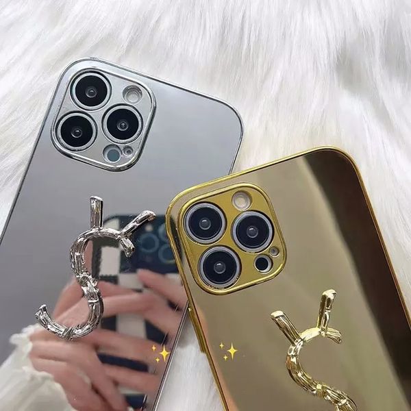 Funda de teléfono con espejo de maquillaje con revestimiento de lujo para iPhone 15 14 Pro Max 13 12 11 Pro XS Max XR X Plus Funda con espejo acrílico dorado plateado brillante Marca lisa YS P Designer Phonecase