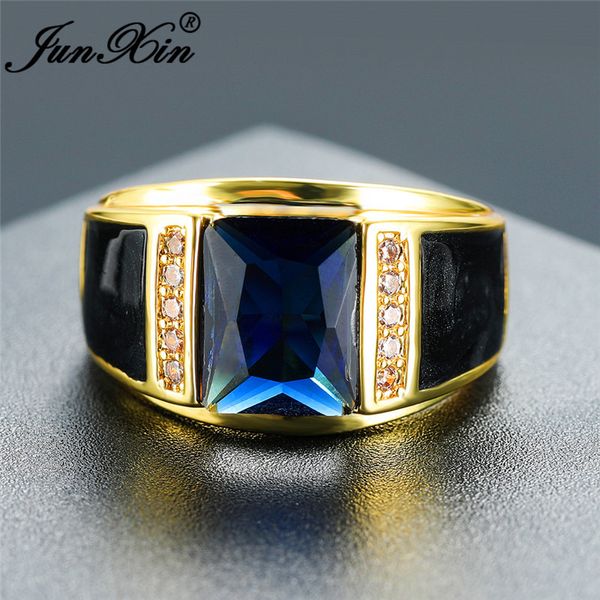 Luxe mâle géométrique bleu pierre anneaux de mariage pour hommes femmes bague en or jaune Vintage bague de fiançailles Zircon hommes fête bijoux