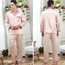 Luxe mannelijke zijde zoals pyjama's voor mannen Summer Ultra-dunne pyjama pak vaste geruite pijama's losse slaapkleding pyjama homme