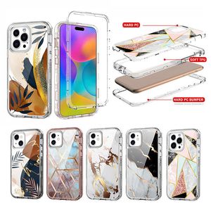 Funda de teléfono resistente de tres capas Defender para Iphone 15 11 12 13 14 Pro Max 15Plus 12Mini XR XsMax SE A prueba de golpes Transparente Armadura transparente Cubierta de mármol de lujo dura